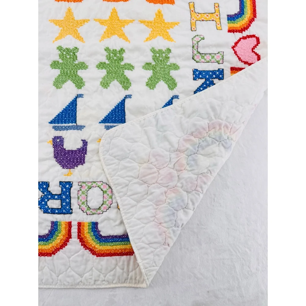 Handmade Cross Stitched Baby Blanket Throw Rainbow ABC Vintage 1994 Nursery